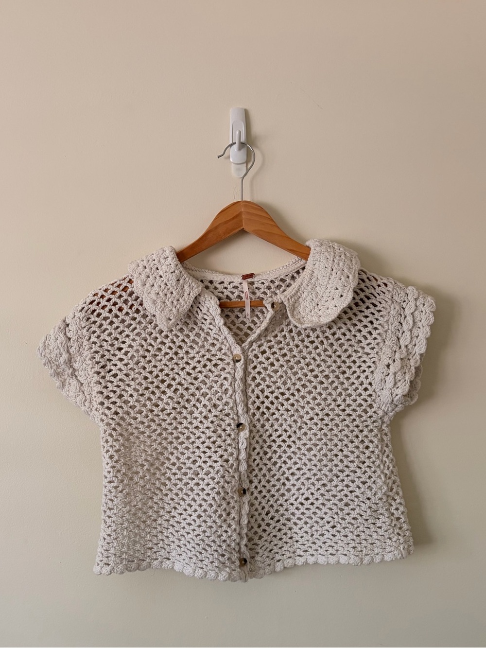 Free People Cream Crochet Button-Front Short-Sleeve Cardigan